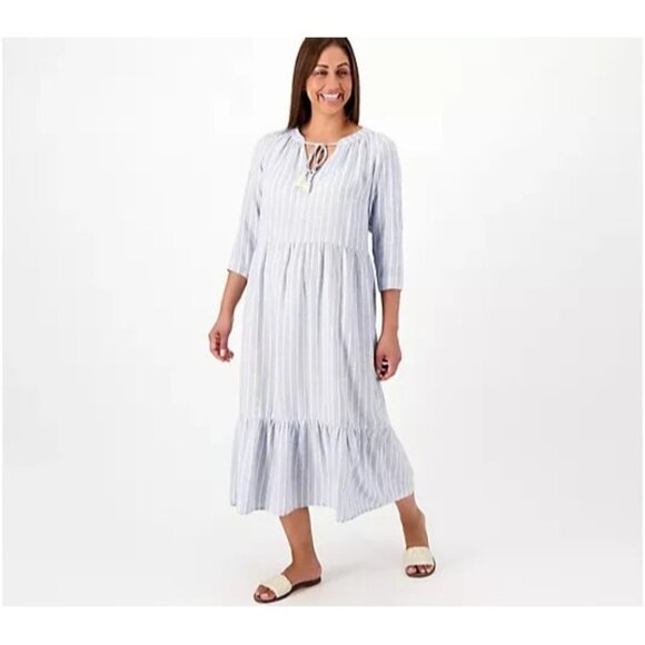 Denim & Co. Naturals Printed Regular Midi Dress Blu Haze Stripe Medium A596346 - Picture 1 of 2